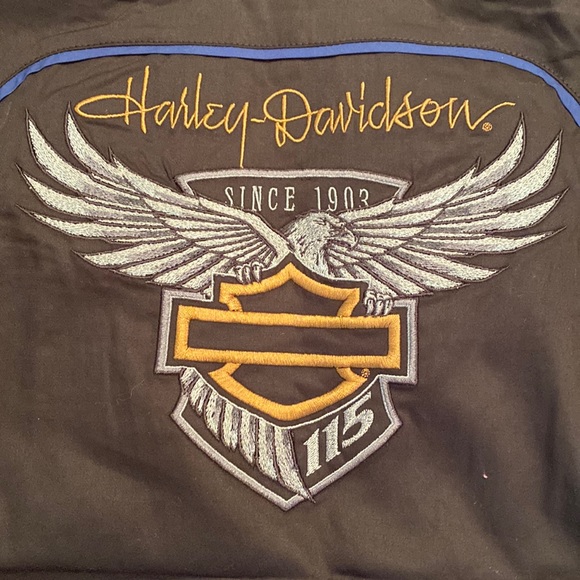 Harley Davidson 115 years embroidered eagle zip front v-neck short sleeve shirt - Picture 3 of 6